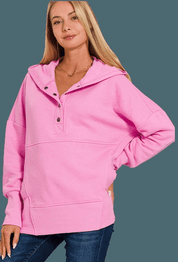 Half Snap Loose Fit Hooded Pullover | Sweatshirts Daverri Fashions