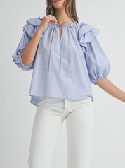 MABLE Stripe Ruffle Shoulder Puff Sleeve Blouse
