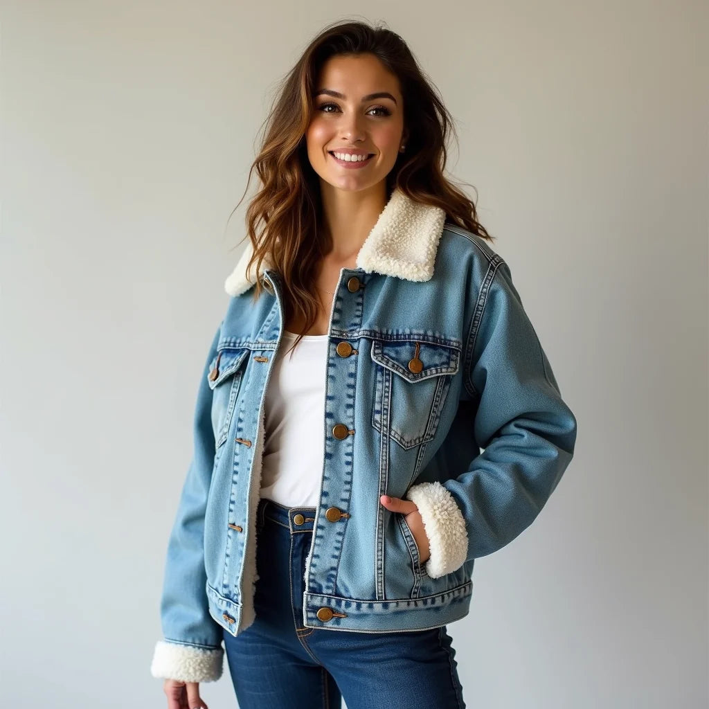 Loose Fit Sherpa Denim Jacket - Cozy, Relaxed Style: Loose Fit Sherpa Denim Jacket