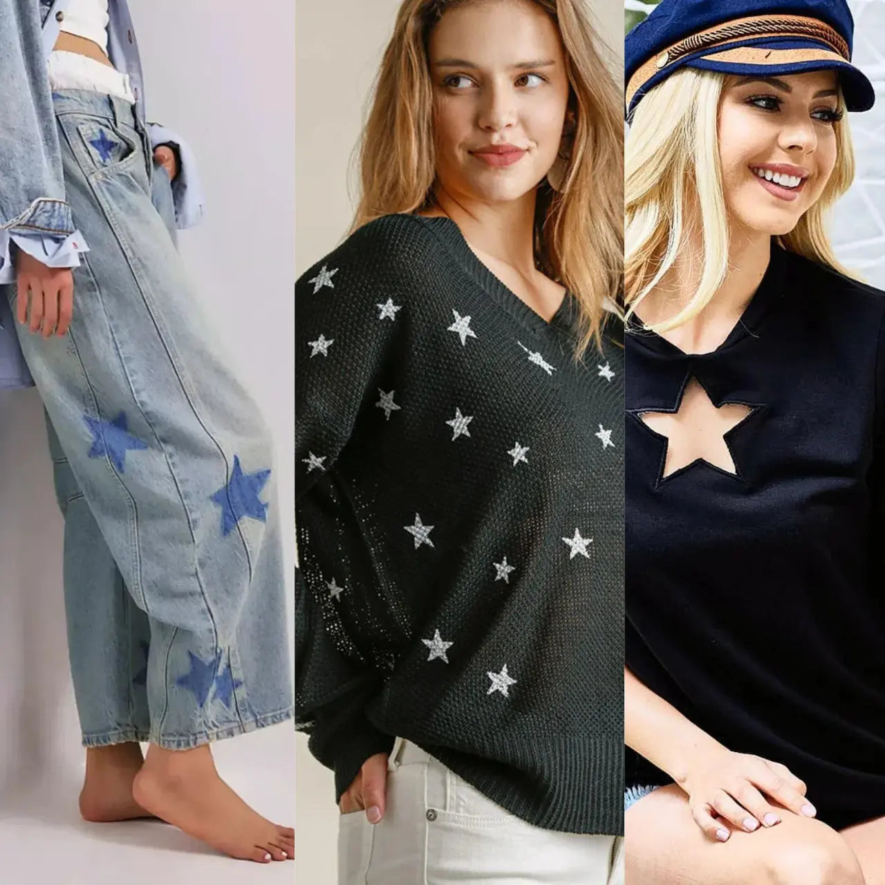 Black star-patterned knit sweater with silver sequin stars