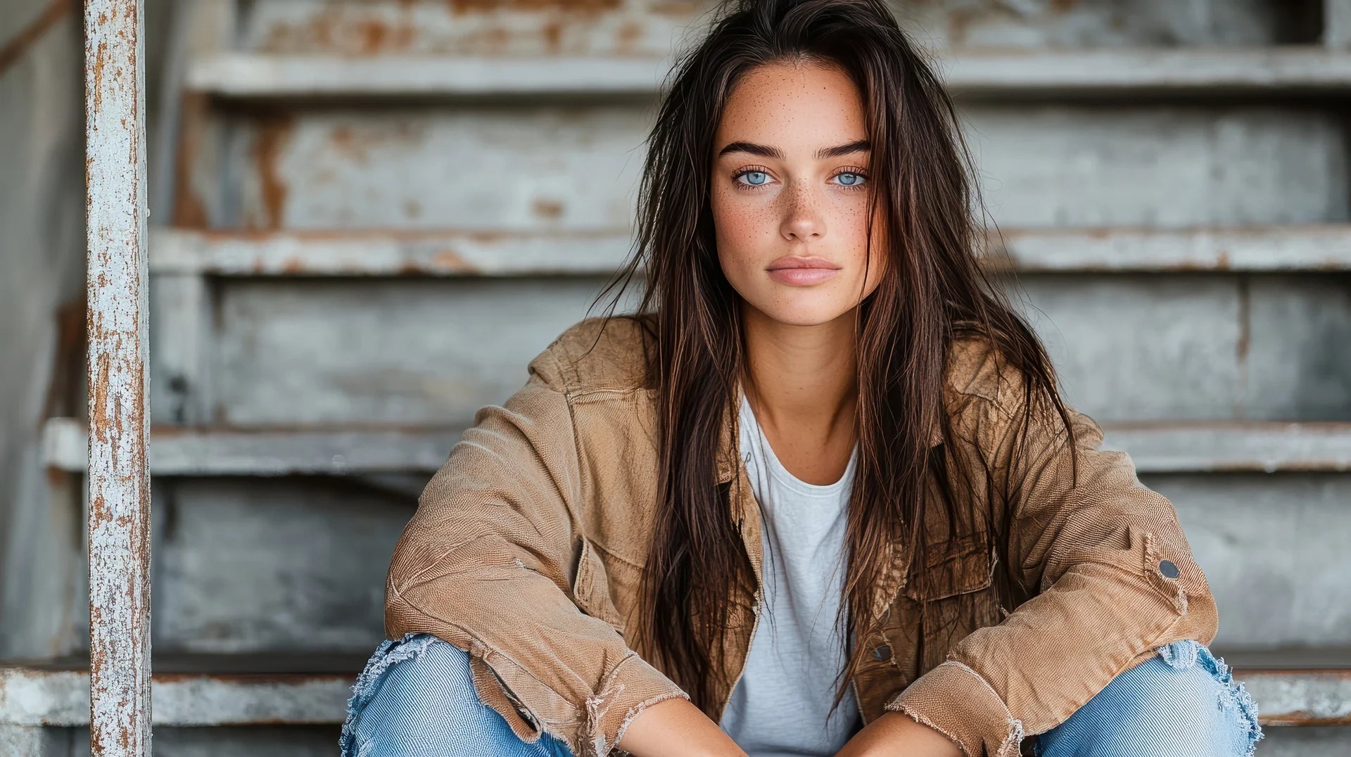 Woman in distressed tan shacket, white tee, ripped jeans on metal stairs