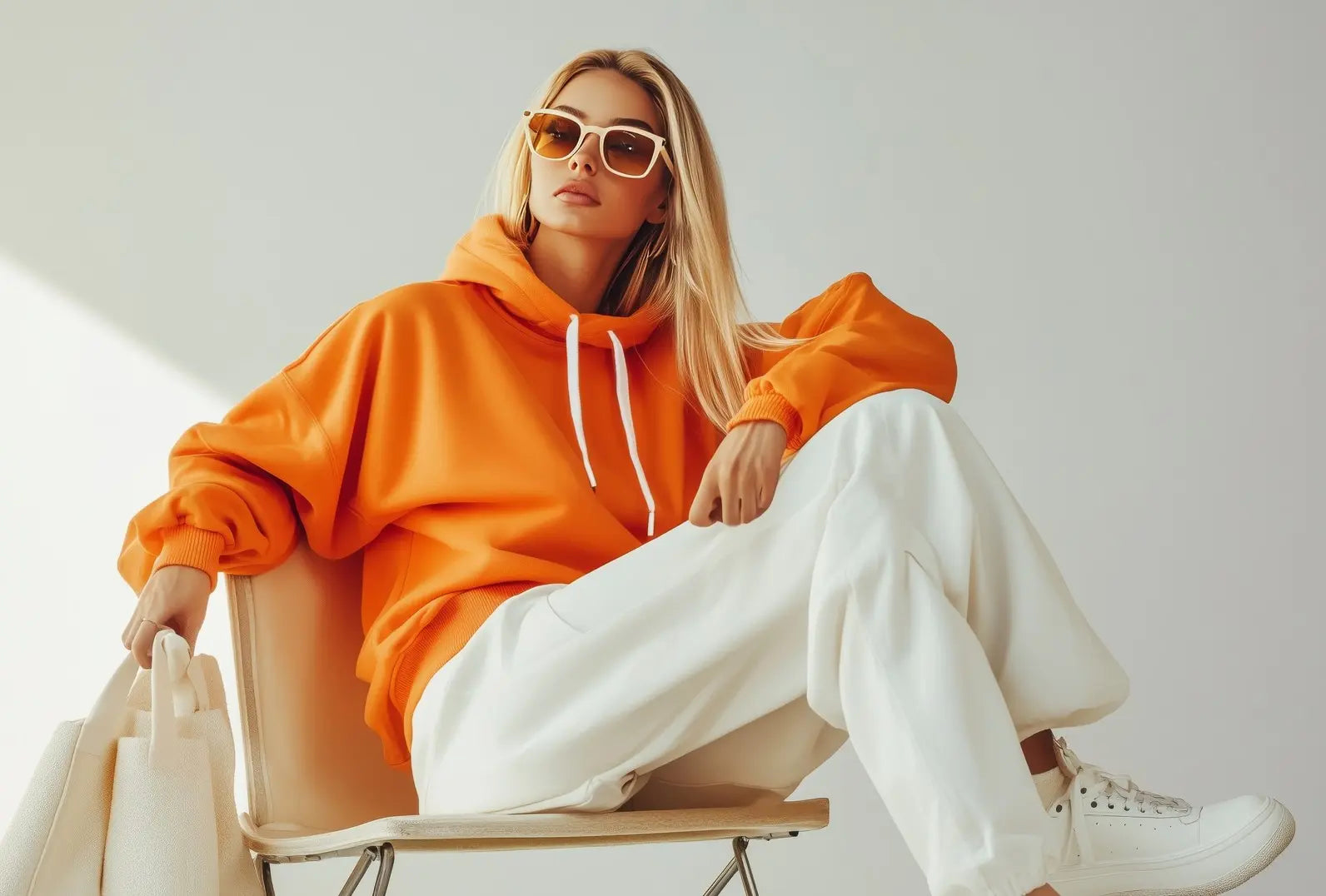 woman wearing orange hoodie and white pants