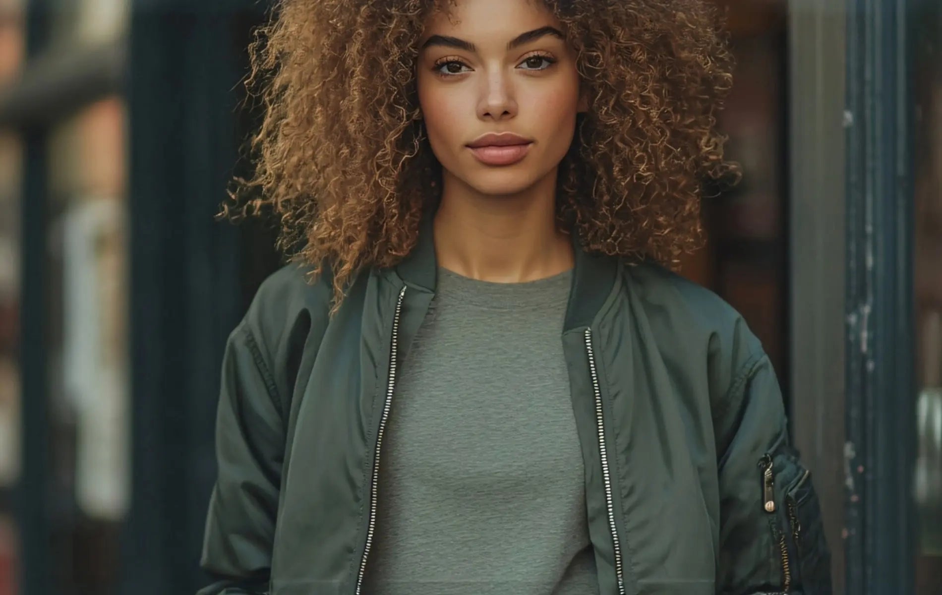 Woman in olive green bomber jacket over gray tee, curly auburn hair