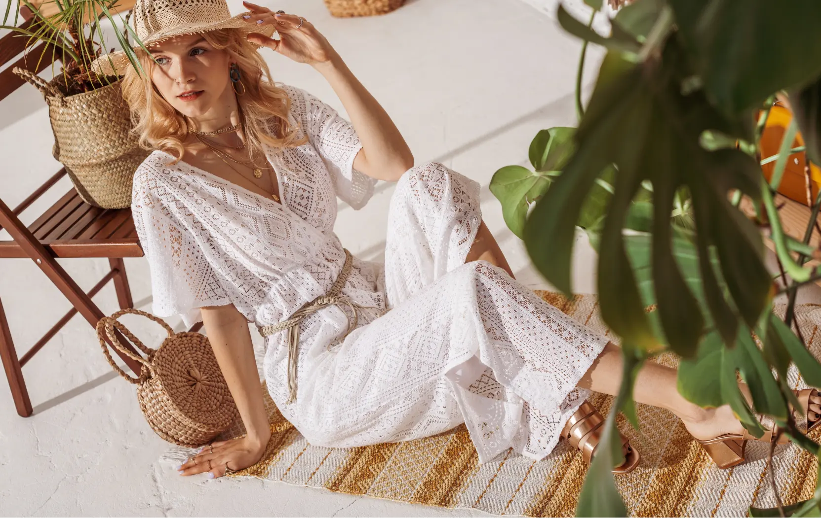 White lace romper with V-neckline and tied waistband in Jumpsuits & Rompers collection