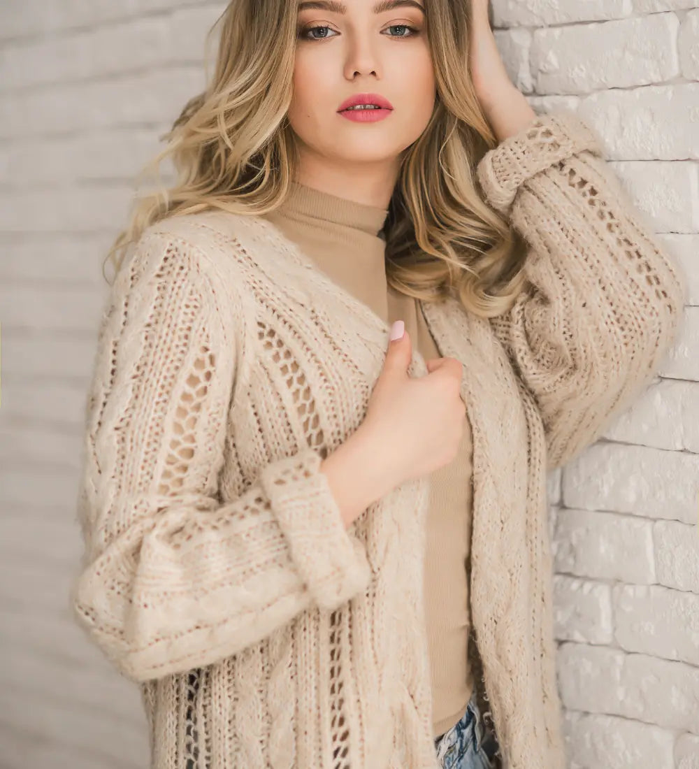 Beige ANNIEWEAR cable-knit cardigan with openwork and ribbed cuffs