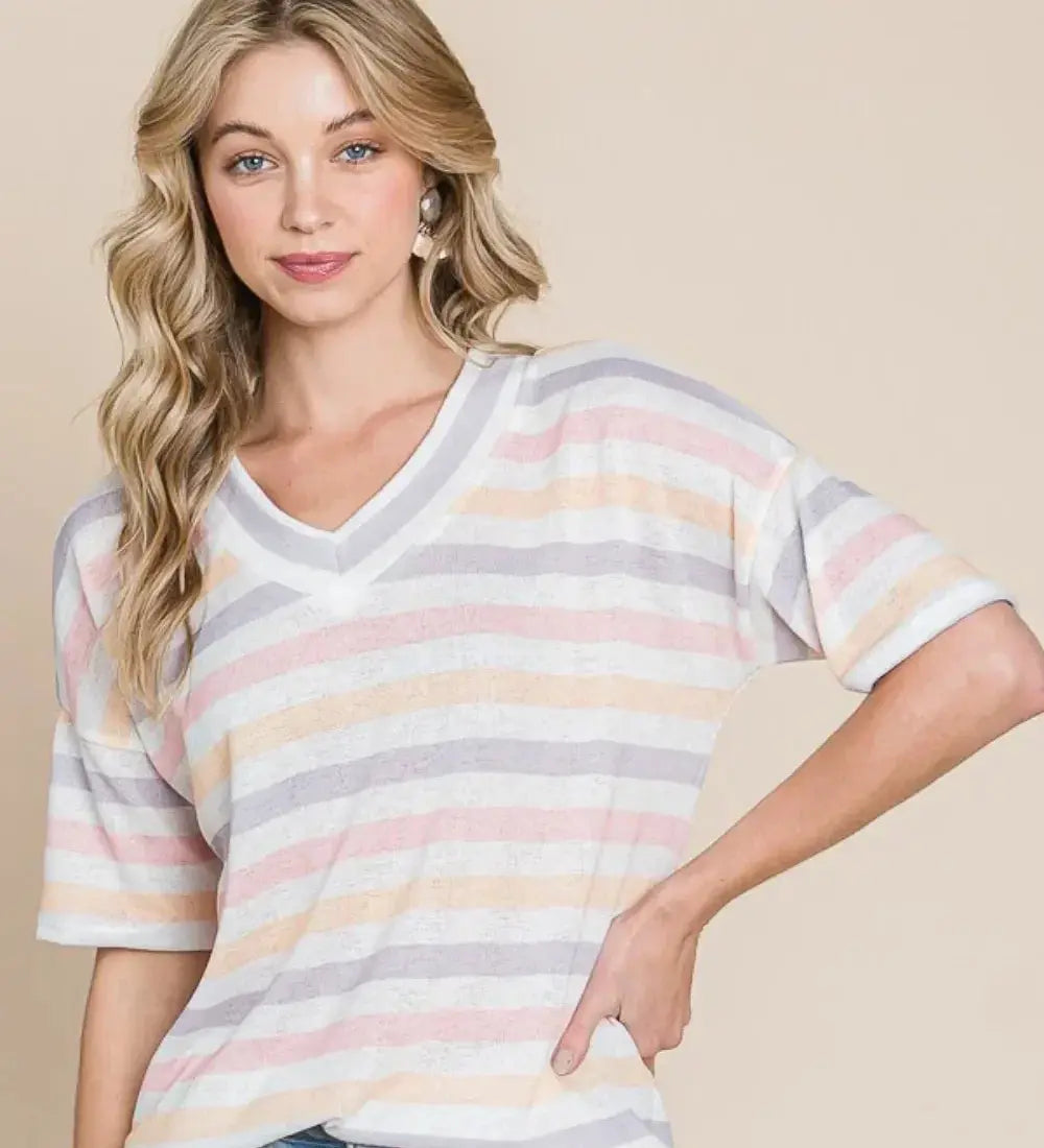 Pastel striped v-neck top in soft cotton with relaxed fit from BOMBOM