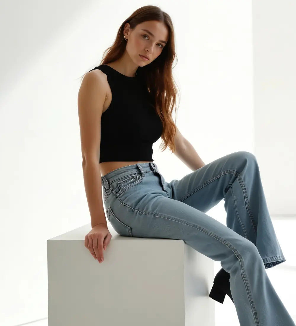 Woman sitting and posing in a pair of flare denim jeans, black tank and black heeled ankle boots