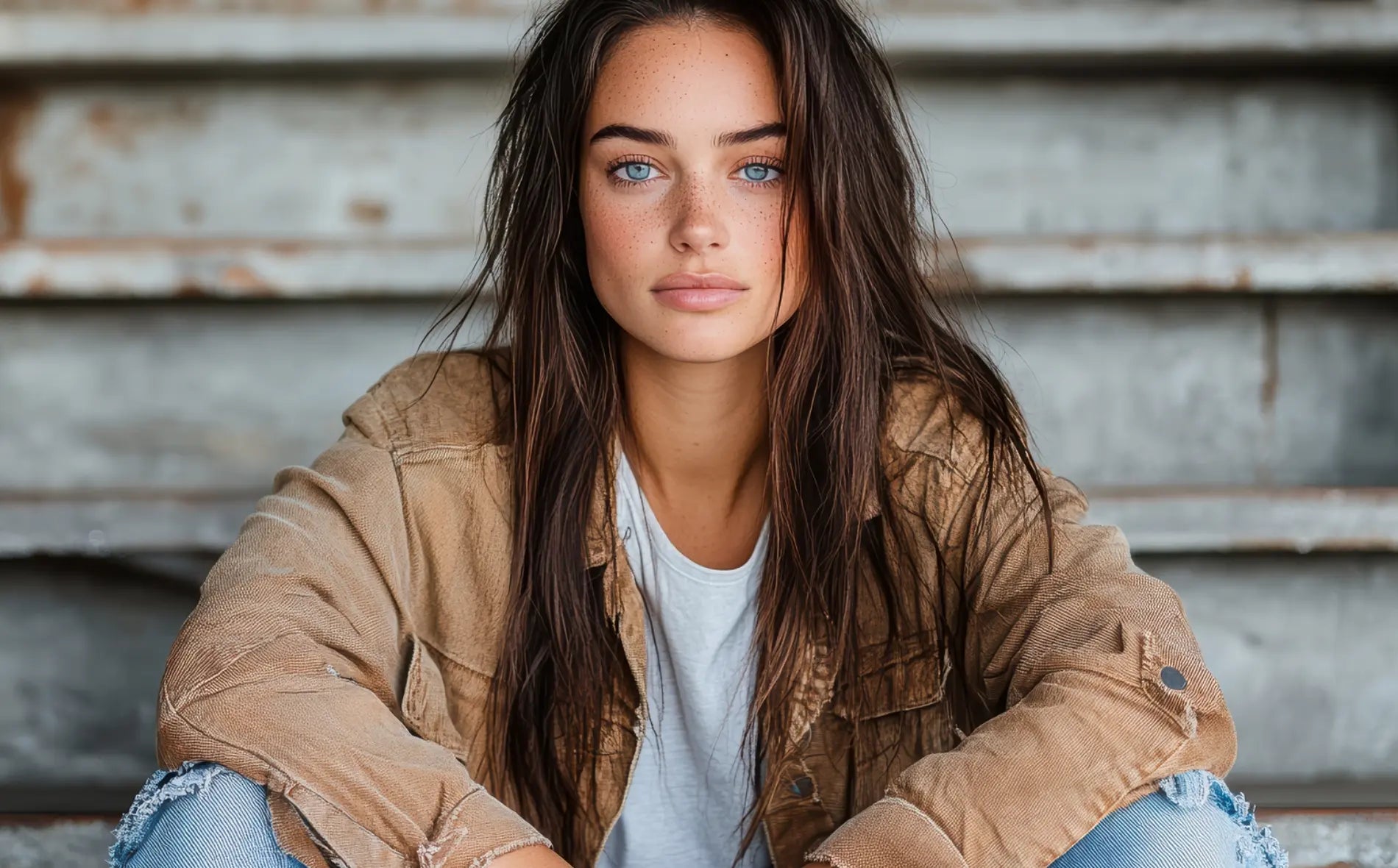 Woman in distressed denim jacket from DAVERRI FASHIONS collection