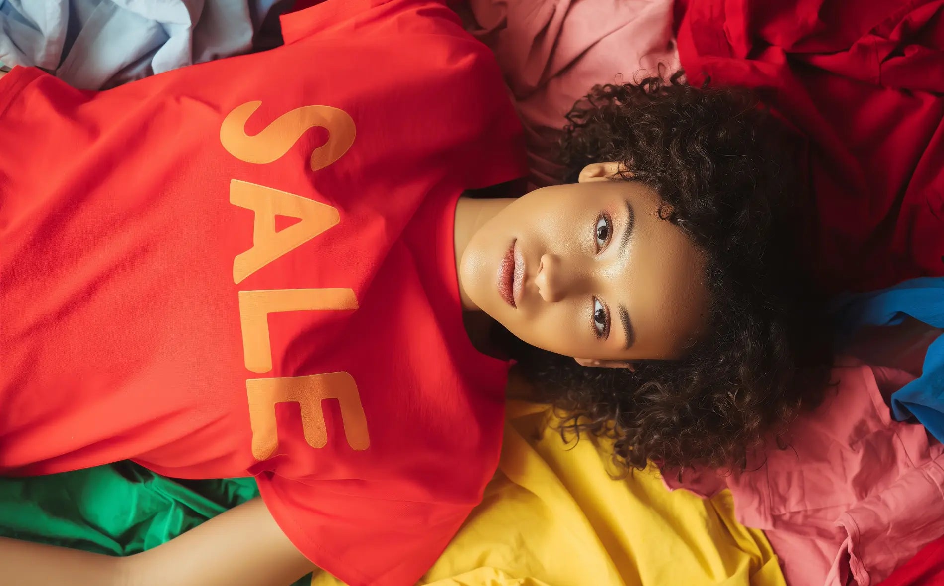 Vibrant red cotton t-shirt with bold gradient gold sale lettering in final call clearance