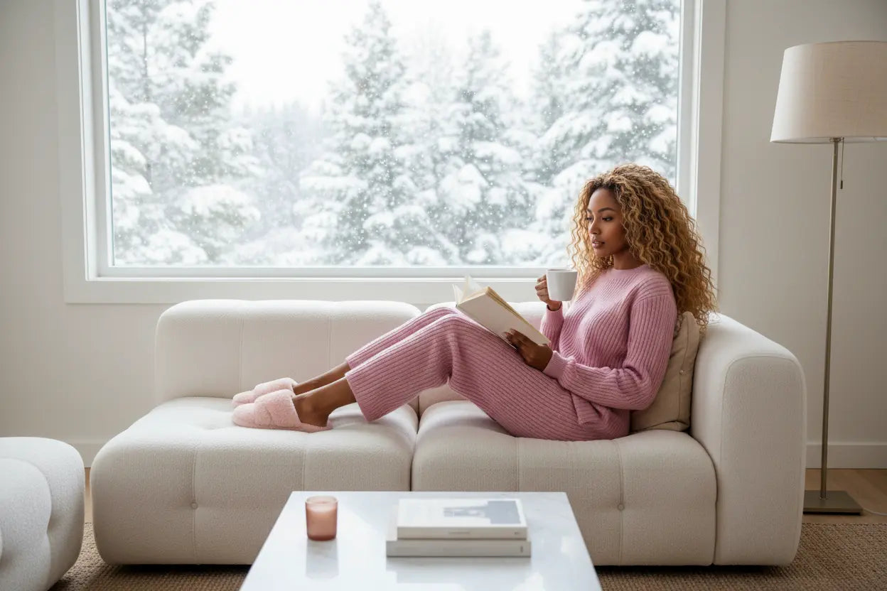 Woman in cozy pink knit loungewear reading book on sofa with mug