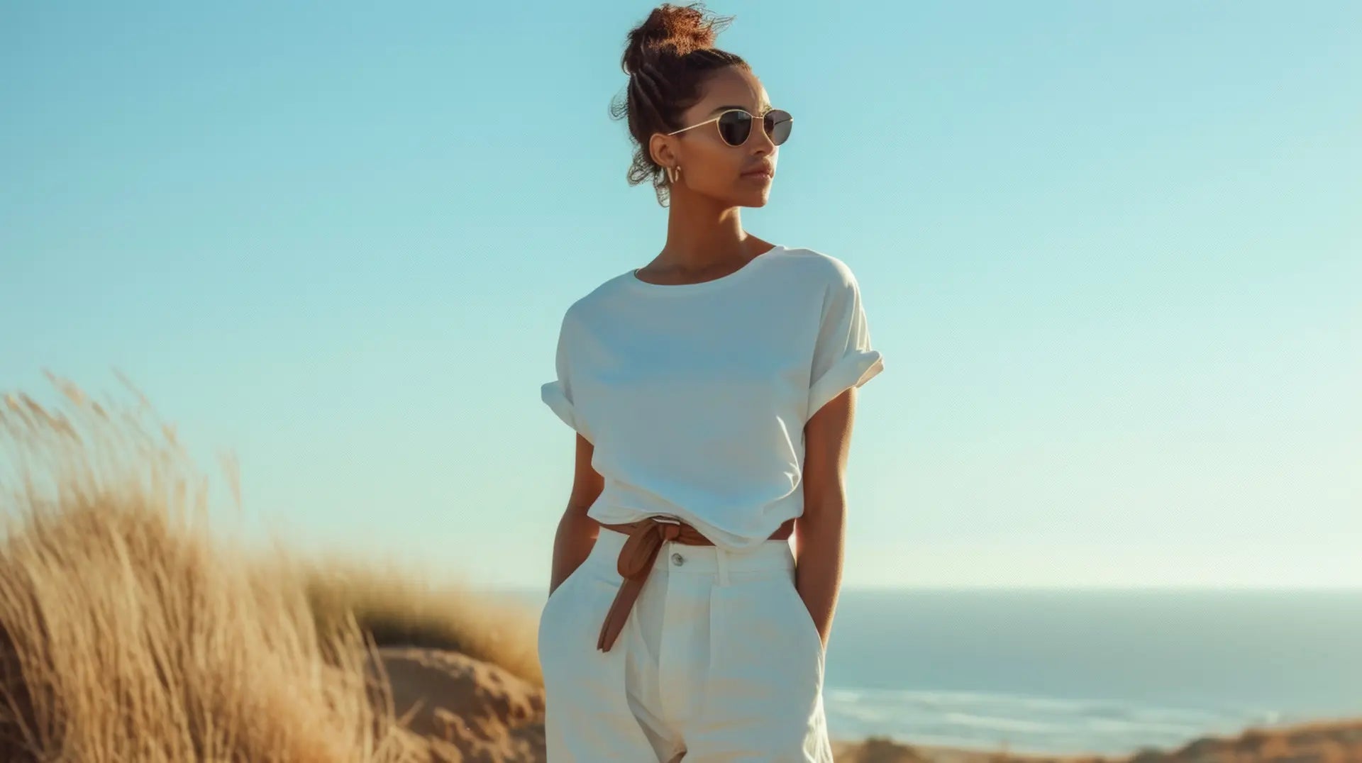 Woman in white short-sleeve top and high-waisted pants from T-Shirts collection