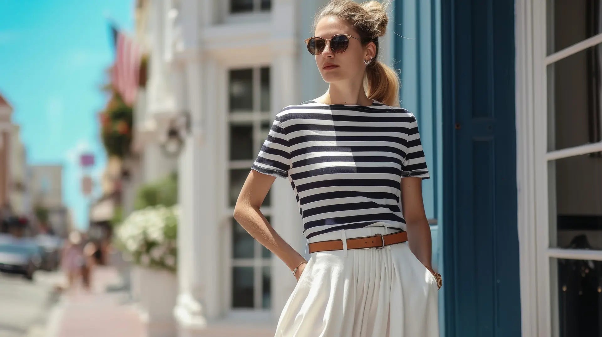 Woman in classic black-and-white striped short-sleeve top from STRIPED FASHION