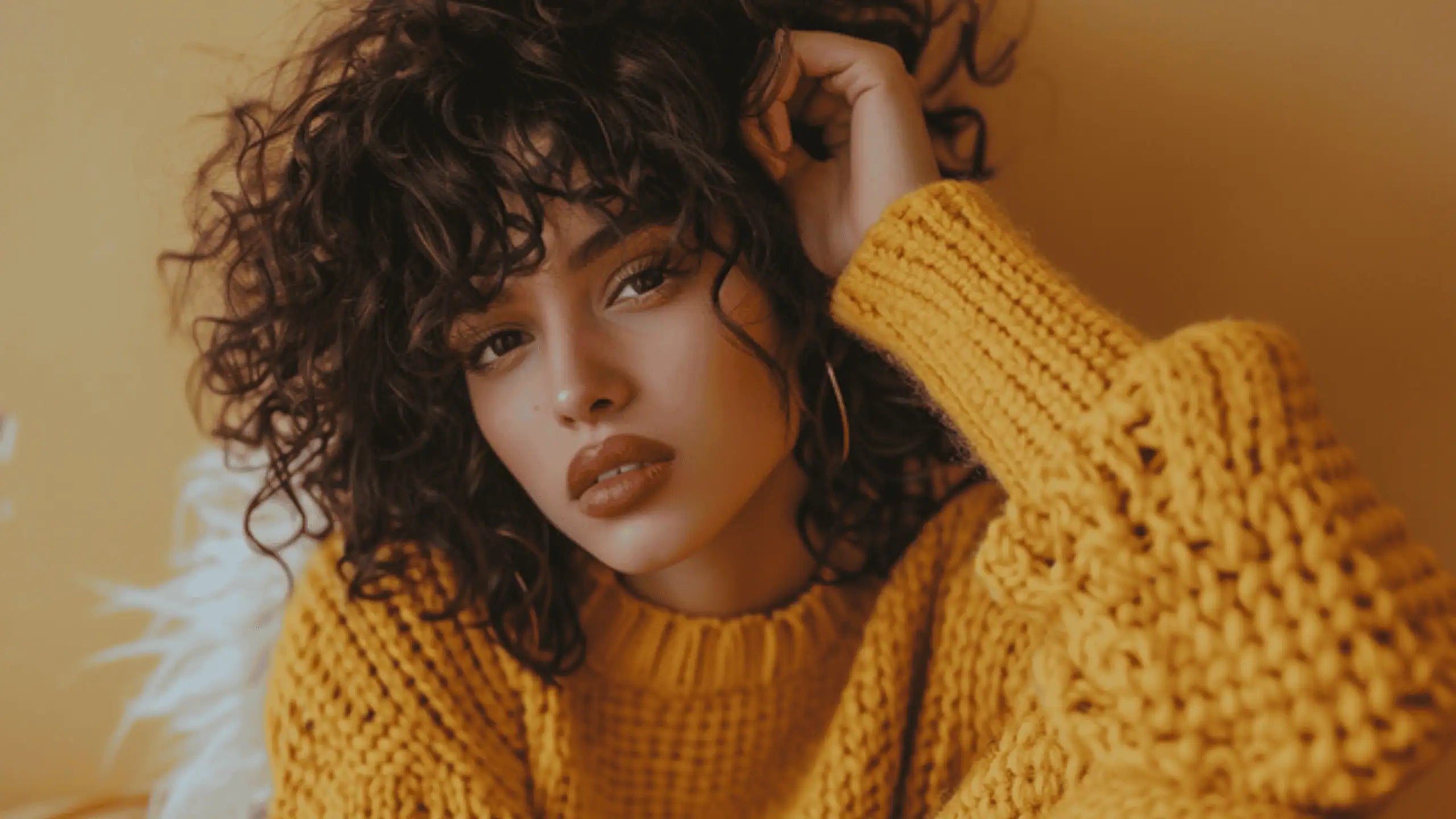 A woman wearing a yellow gold chunky knit sweater