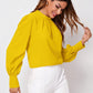 Bright yellow ruched mock neck long sleeve blouse with puffed sleeves