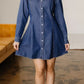 Classic blue denim shirt collar long sleeve flared mini dress