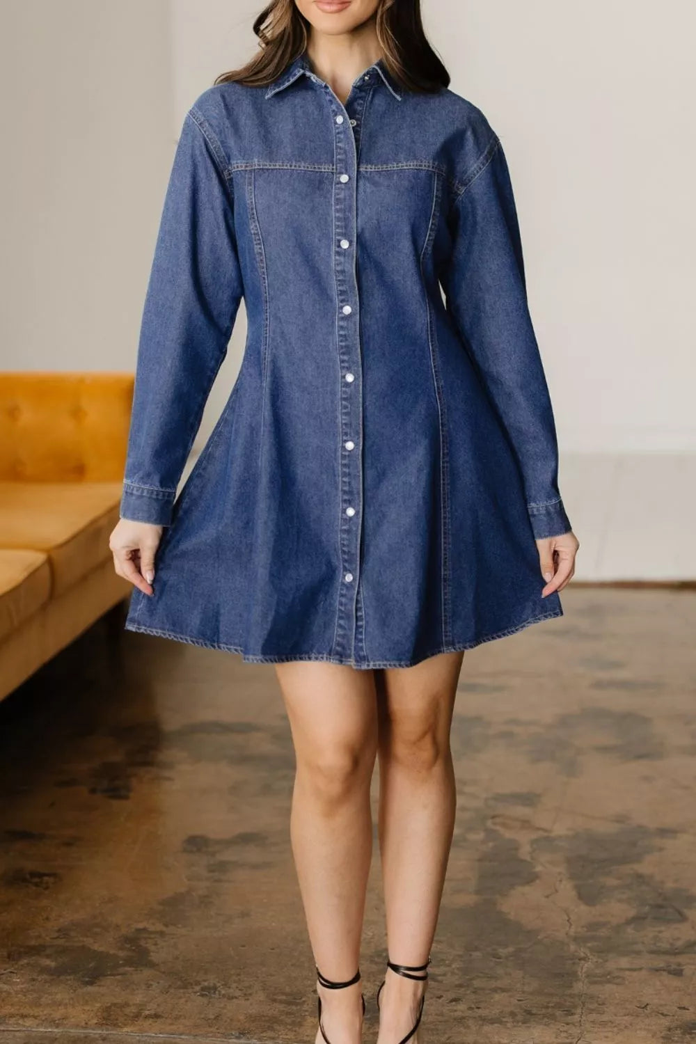 Classic blue denim shirt collar long sleeve flared mini dress