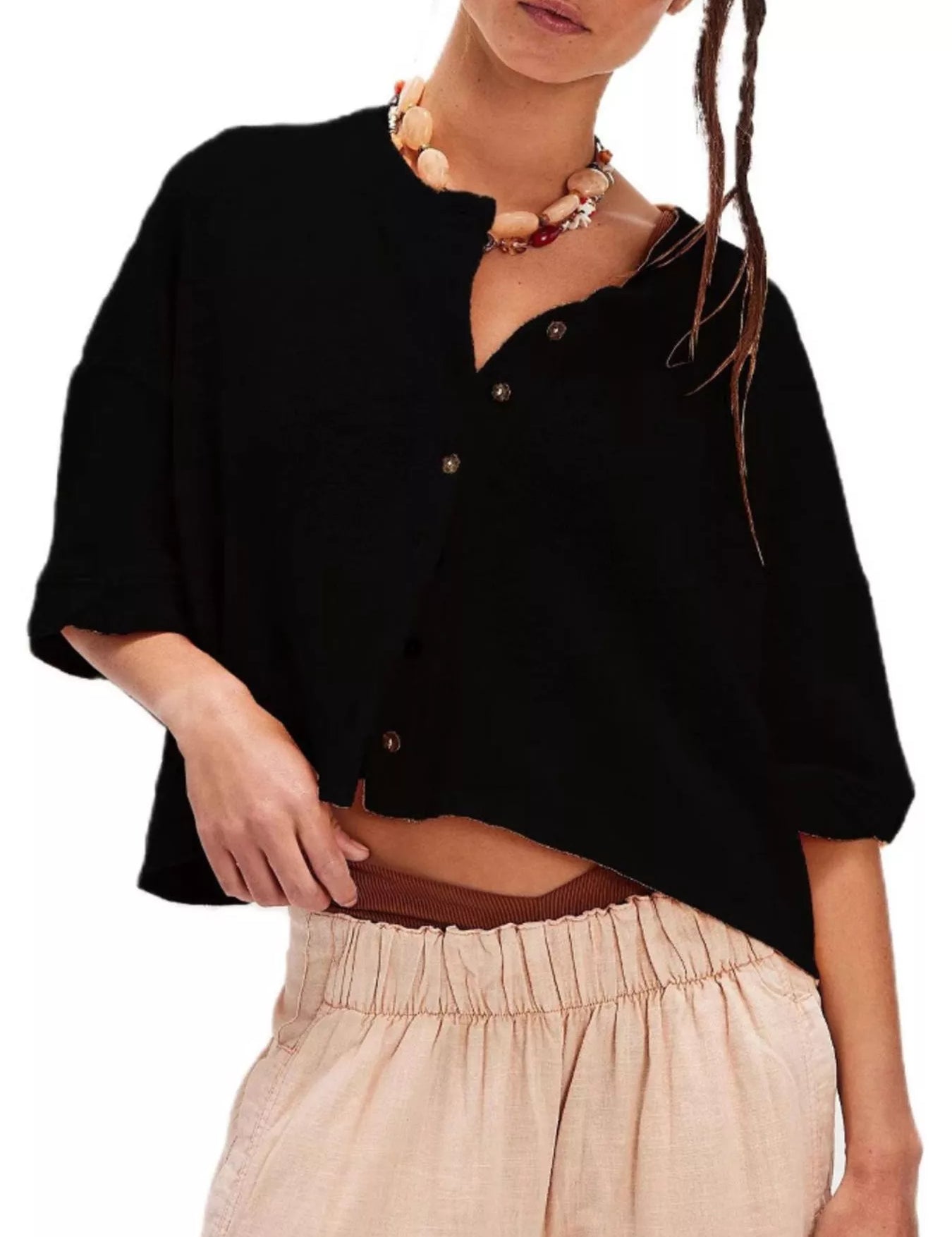 Black Button-Front Half Sleeve Cardigan | Cardigans Daverri Fashions