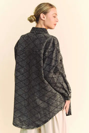 Davi & Dani Curved Hem Diamond Quilted Button Up Denim Shacket | Shackets Daverri Fashions