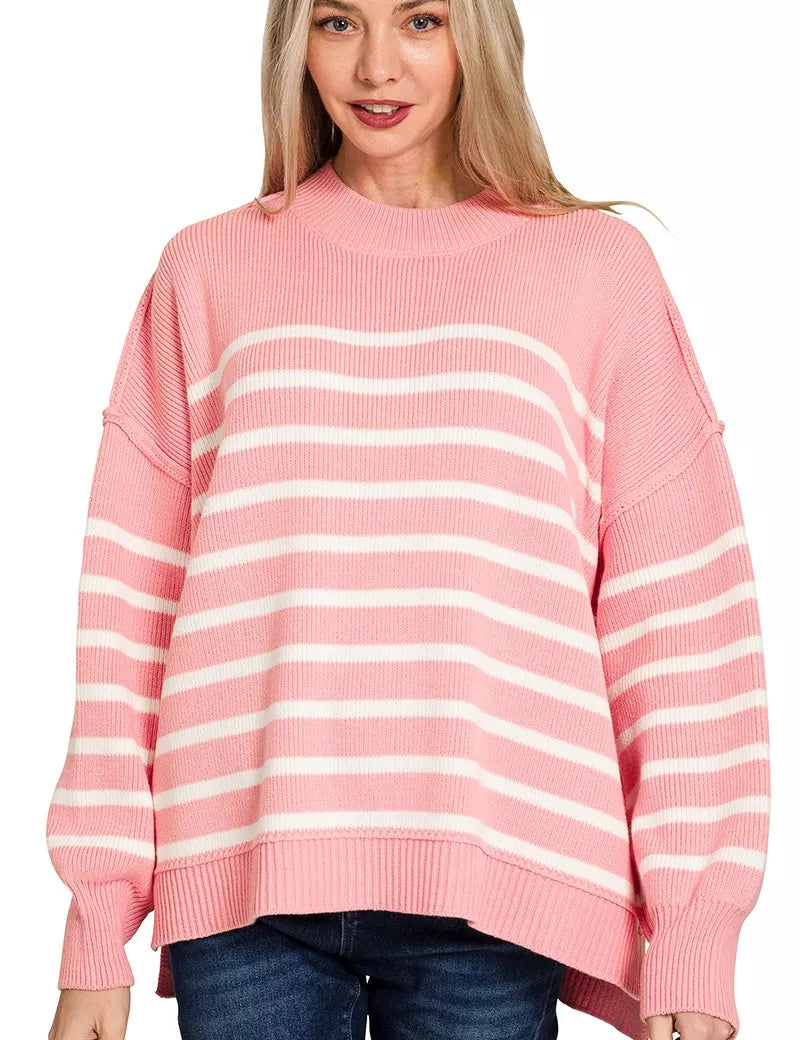 Zenana Exposed Seam Striped Oversized Sweater Pink | Sweaters Daverri Fashions