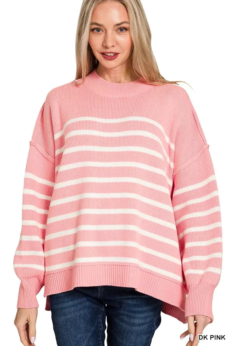Zenana Exposed Seam Striped Oversized Sweater Pink - DAVERRI FASHIONS