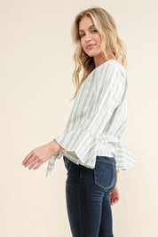 And The Why Stripe Tie Knot Front Bell Sleeve Top | Blouses Daverri Fashions