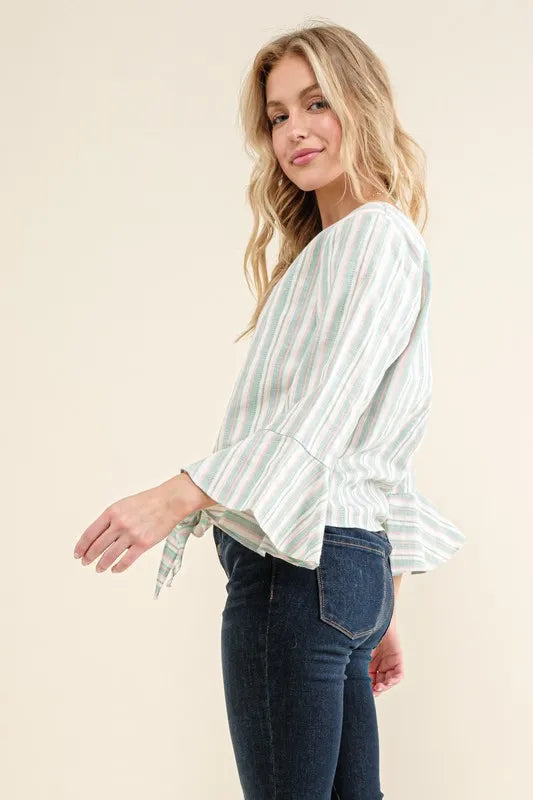 And The Why Stripe Tie Knot Front Bell Sleeve Top | Blouses Daverri Fashions