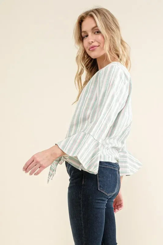 And The Why Stripe Tie Knot Front Bell Sleeve Top - DAVERRI FASHIONS