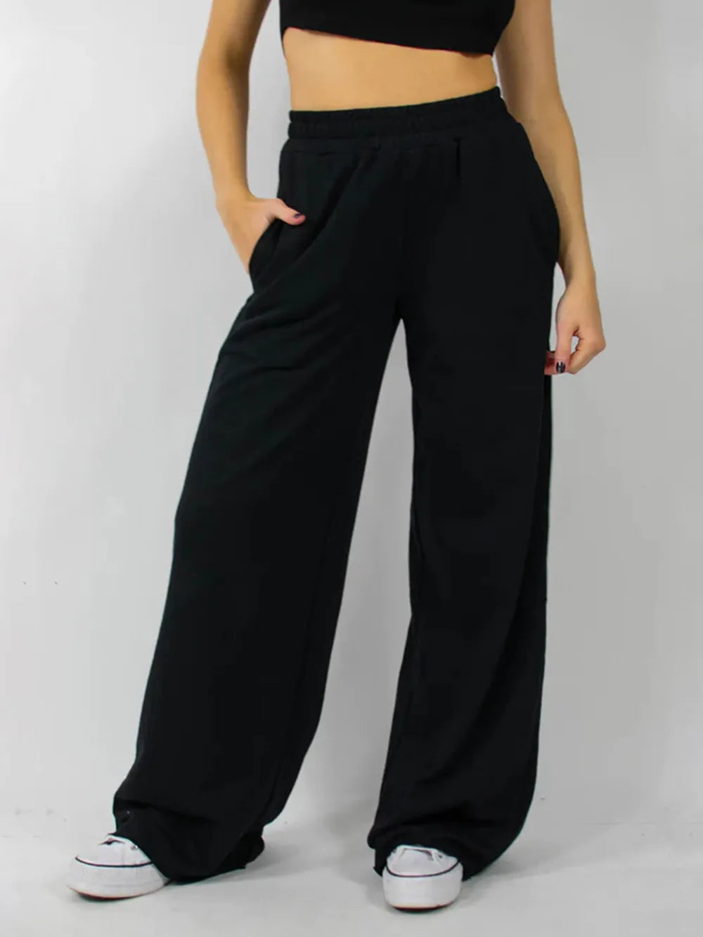 Black Elastic Waist Wide Leg Pants | Pants Daverri Fashions