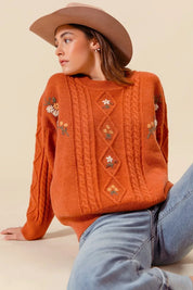 SO ME Embroidered Flower Cable Knitted Sweater | Sweaters Daverri Fashions