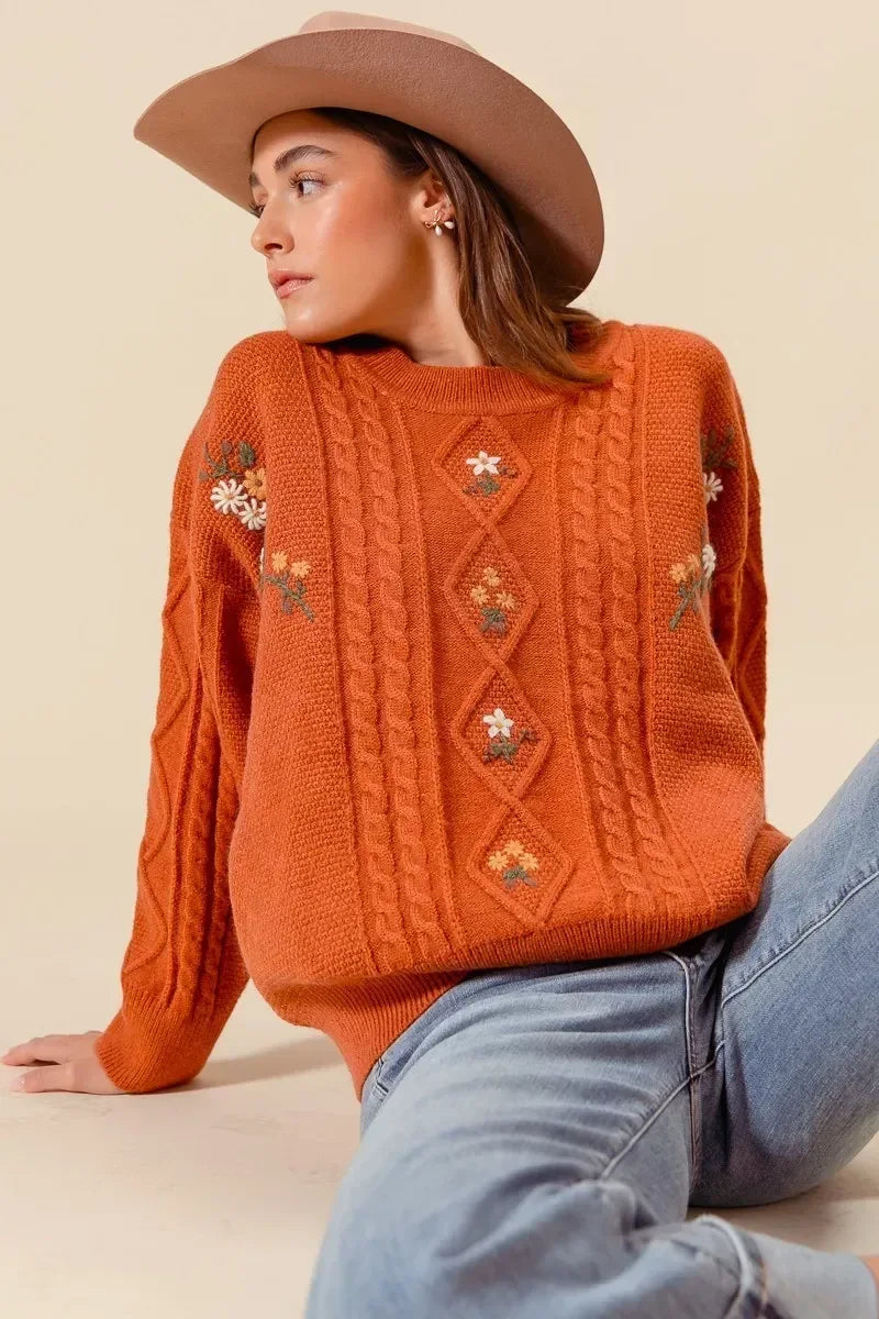 SO ME Embroidered Flower Cable Knitted Sweater - DAVERRI FASHIONS