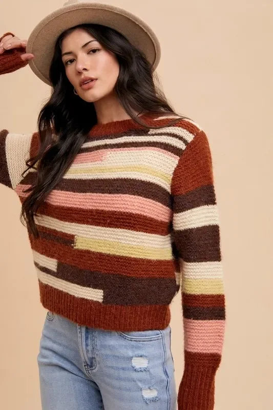 Annie Wear multicolored striped knit sweater with ribbed cuffs