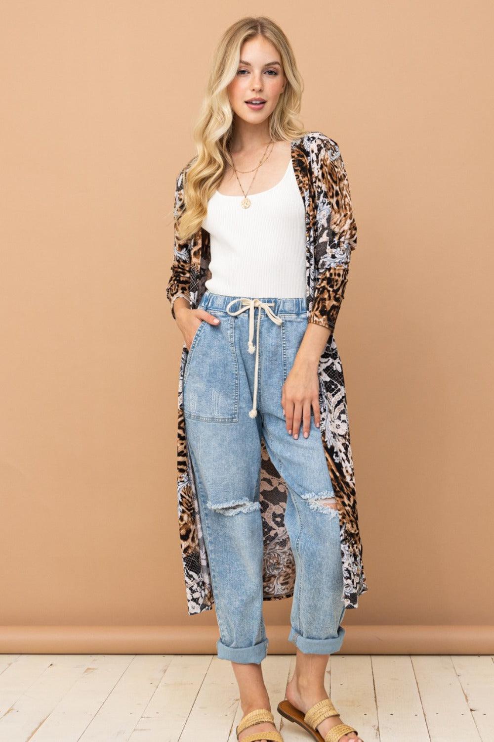 And The Why Leopard Kimono Open Front Longline Cardigan Leopard Cardigans