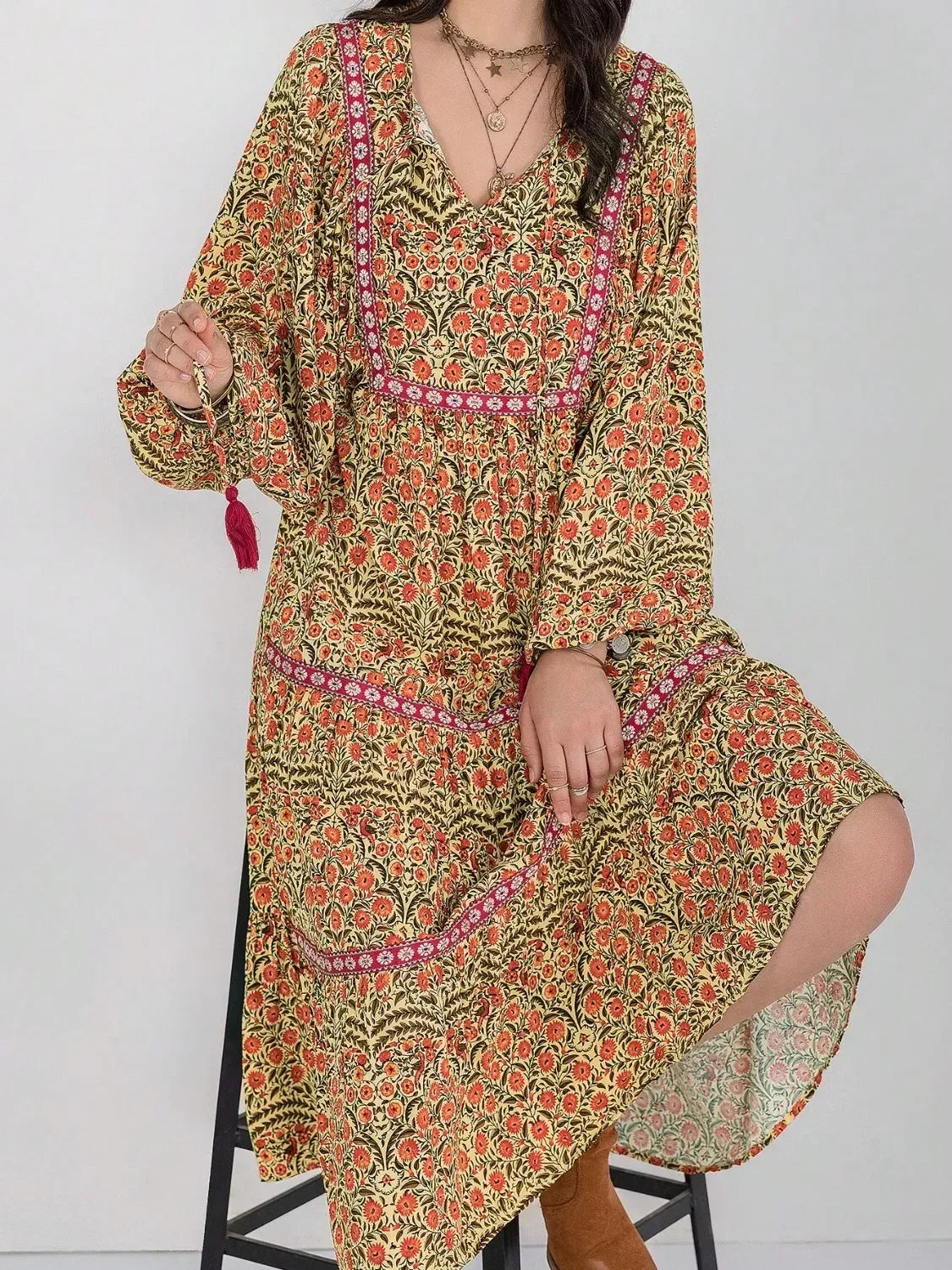 Floral Tiered Midi Dress with Balloon Sleeves - DAVERRI FASHIONS