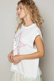 POL Star Patch Studded Sleeveless T-Shirt with Lace Hem | T-Shirts Daverri Fashions