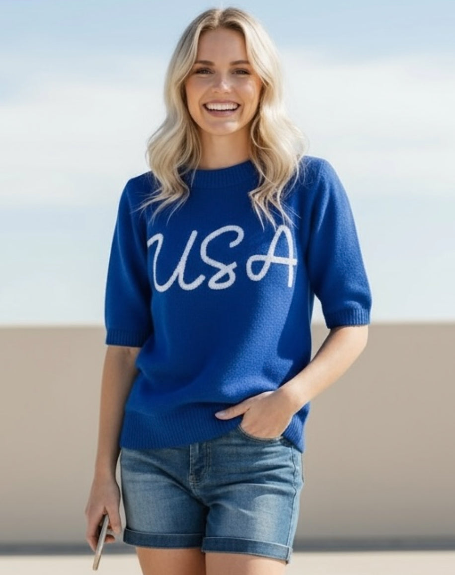 Haptics Patriotic USA Blue Knit Embroidery Puff Sleeve Sweater Top