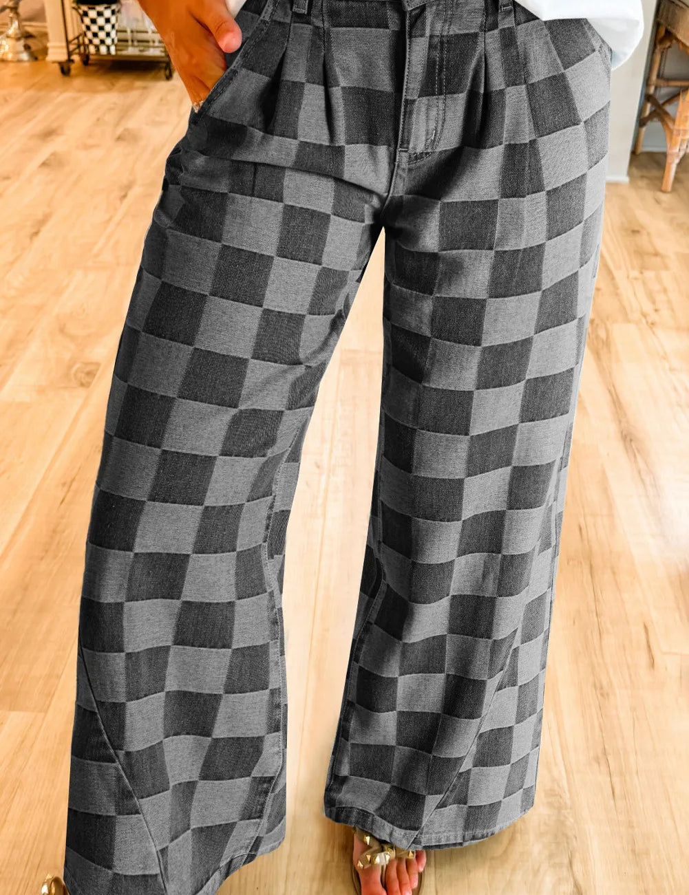 Dark Gray Checkered Wide Leg Jeans with Pockets | Jeans Daverri Fashions
