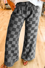 Dark Gray Checkered Wide Leg Jeans with Pockets | Jeans Daverri Fashions