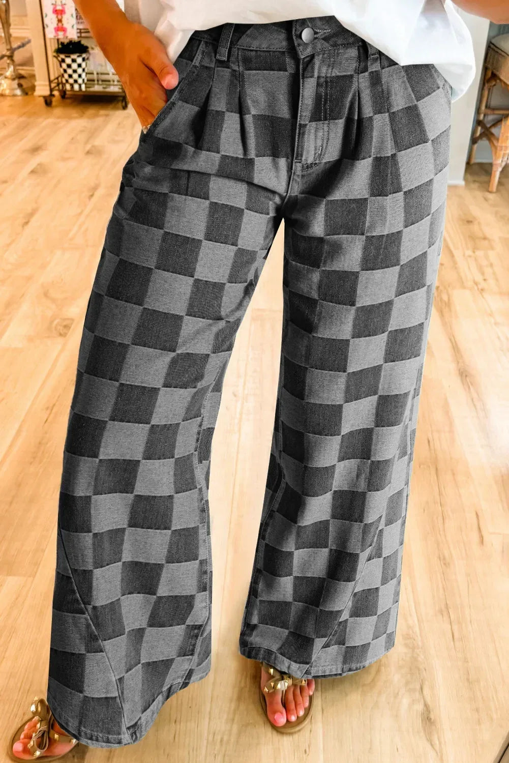 Checkered Wide Leg Jeans with Pockets - DAVERRI FASHIONS