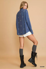 Umgee Linen Blend Fitted Shirt with Ribbon Embroidery Details | Shirts Daverri Fashions