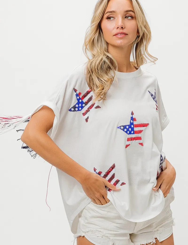 BiBi American Flag Sequin Star Fringe Top | Tops Daverri Fashions