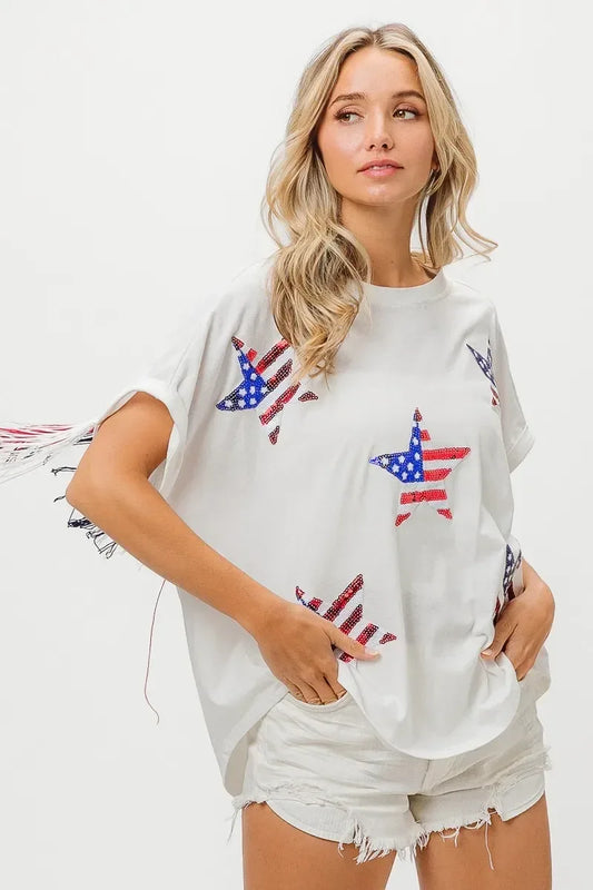 BiBi American Flag Sequin Star Fringe Top - DAVERRI FASHIONS