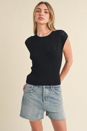 Aemi + Co Openwork Round Neck Cap Sleeve Knit Top