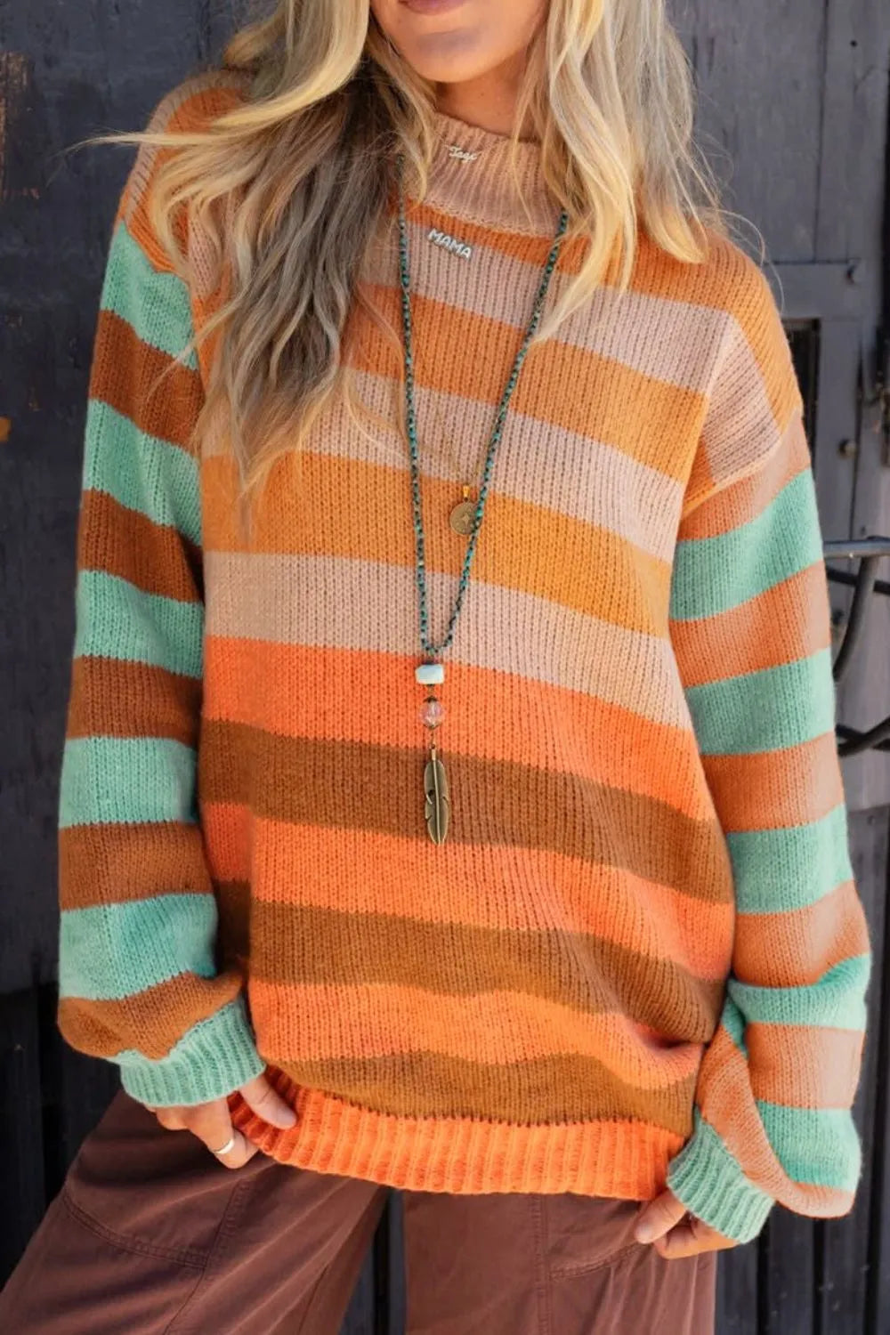 Cozy striped rainbow long sleeve sweater in orange, brown, mint