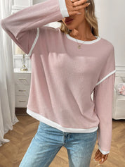 Ribbed Contrast Trim Long Sleeve Top | Knit Tops Daverri Fashions
