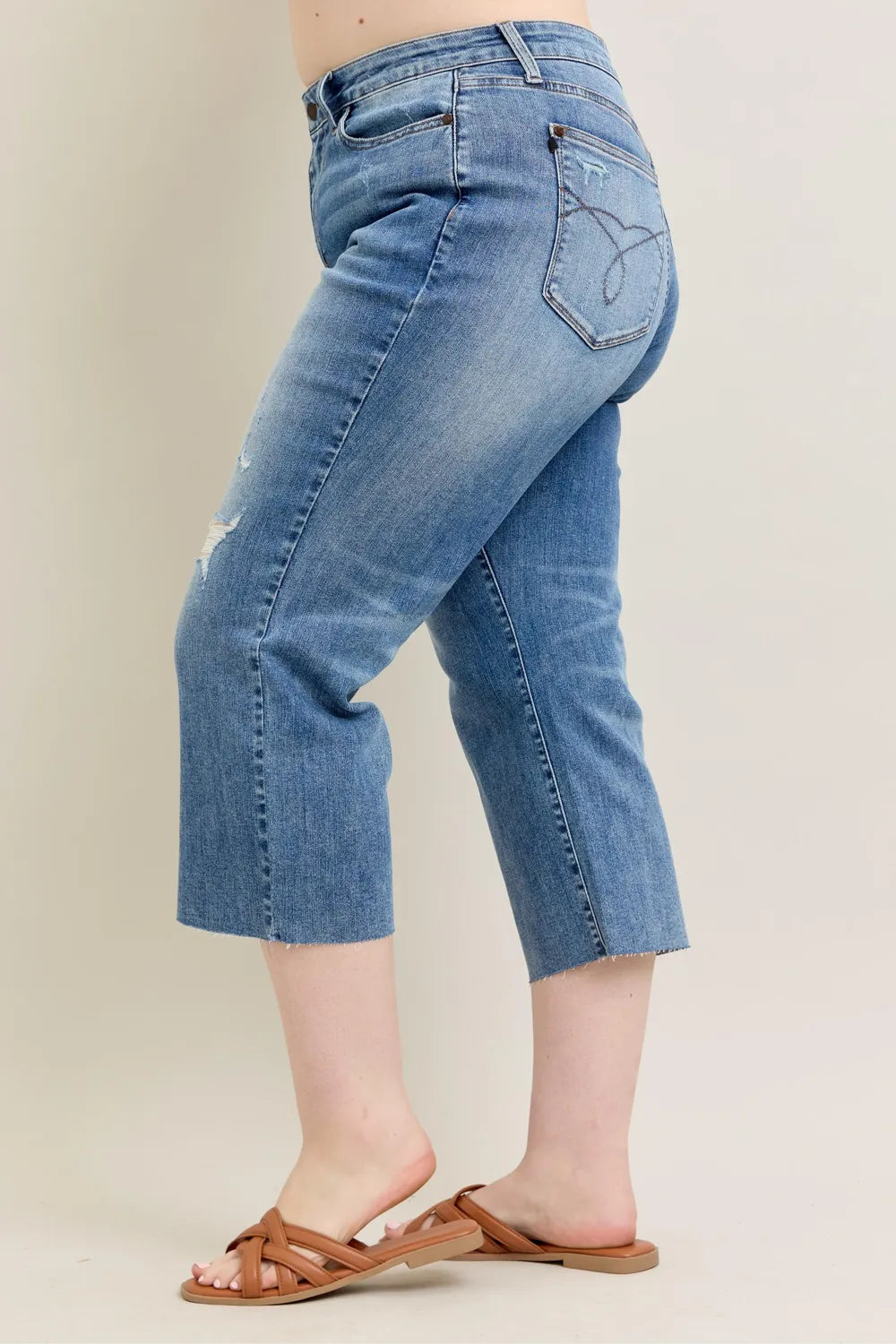 Judy Blue Plus Size High Waist Back Destroy & Raw Cut Hem Crop Wide Jeans