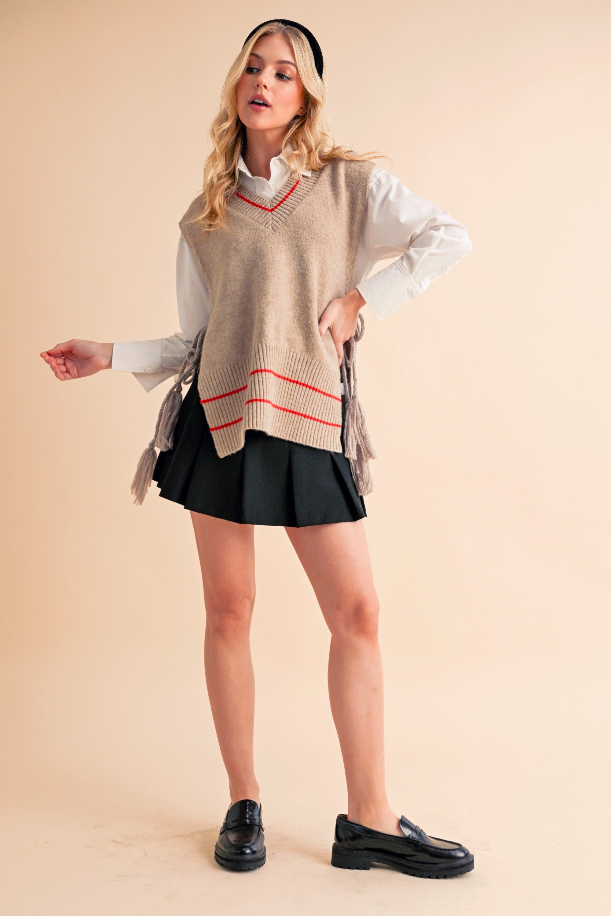 Aemi + Co Ribbed V-Neck Sweater Vest with Tassel