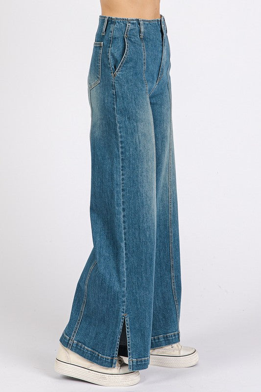 Mittoshop Medium Wash Seam Detail Wide Leg Denim Jeans Jeans