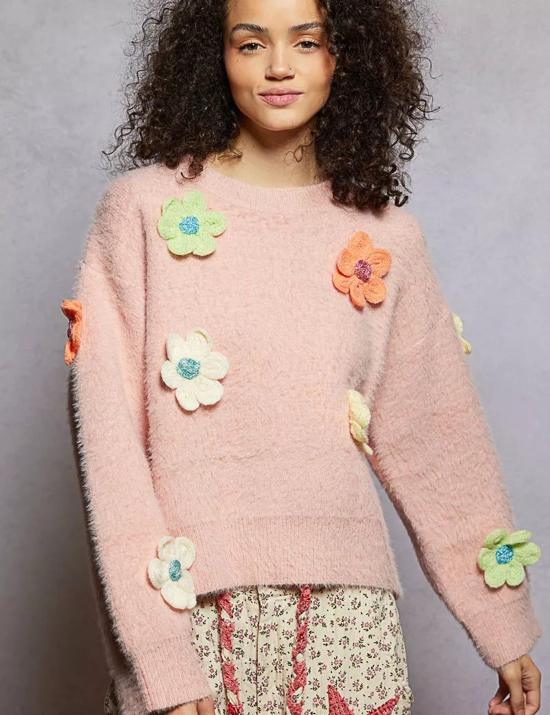 ROSE PINK POL Round Neck Long Sleeve Sweater with 3D Floral Patch Detail | Sweaters Daverri Fashions