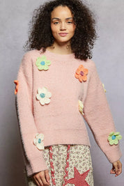 ROSE PINK POL Round Neck Long Sleeve Sweater with 3D Floral Patch Detail | Sweaters Daverri Fashions