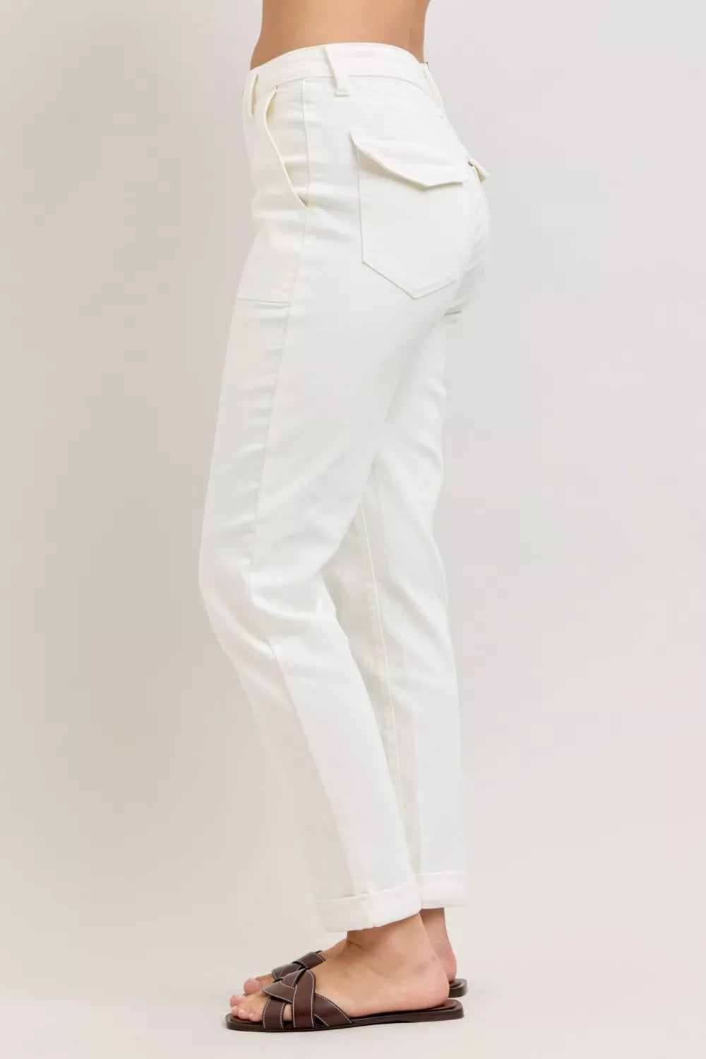 White Judy Blue high-waist jeans with straight-leg cut and rolled cuffs